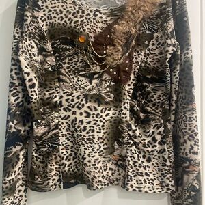 Leopard Print Long Sleeve Top with Fur Accent Y2K
